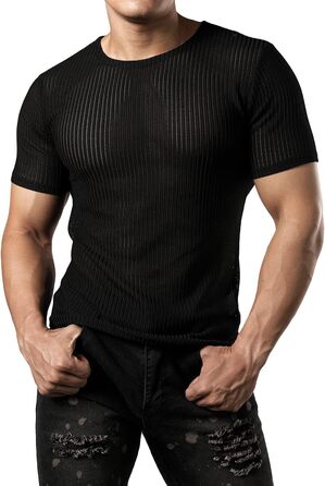 Чоловіча футболка JOGAL з сіткою, облягаюча, короткий рукав, чорна