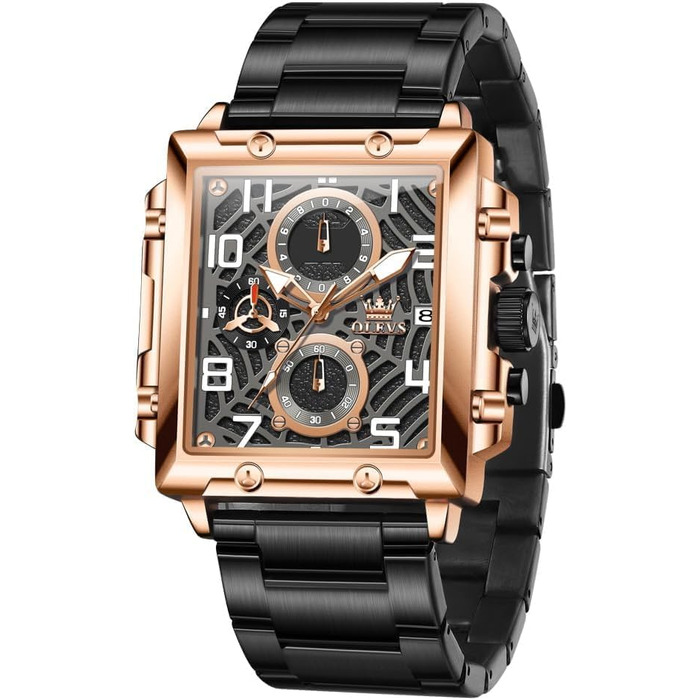 Чоловічий наручний годинник OLEVS Chronograph — класичний кварцовий годинник зі шкіряним ремінцем, водонепроникний, з календарем (Чорний/Розове золото, 2958)