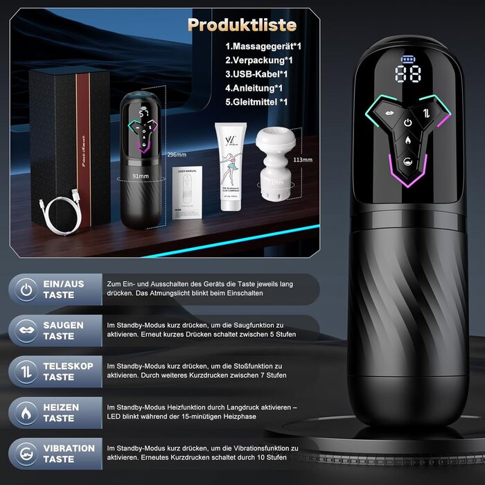 Мастурбатор для чоловіків KI-Interaktion з 10 вібраціями, 7 режимами розтягування та 5 режимами стимуляції. Секс-іграшка з підігрівом та керуванням через APP