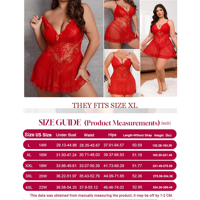 Babydoll з мереживом Alrovetoney для жінок великих розмірів: нічна сорочка, сукня-тедді, червоний колір, розмір XL