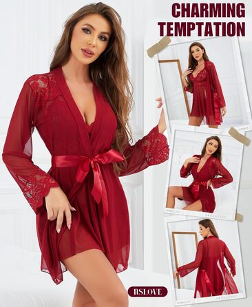 RSLOVE Сексуальний жіночий комплект нижньої білизни: мереживний халат, нігліж, боді з сітки, 3 шт. - Вишневий