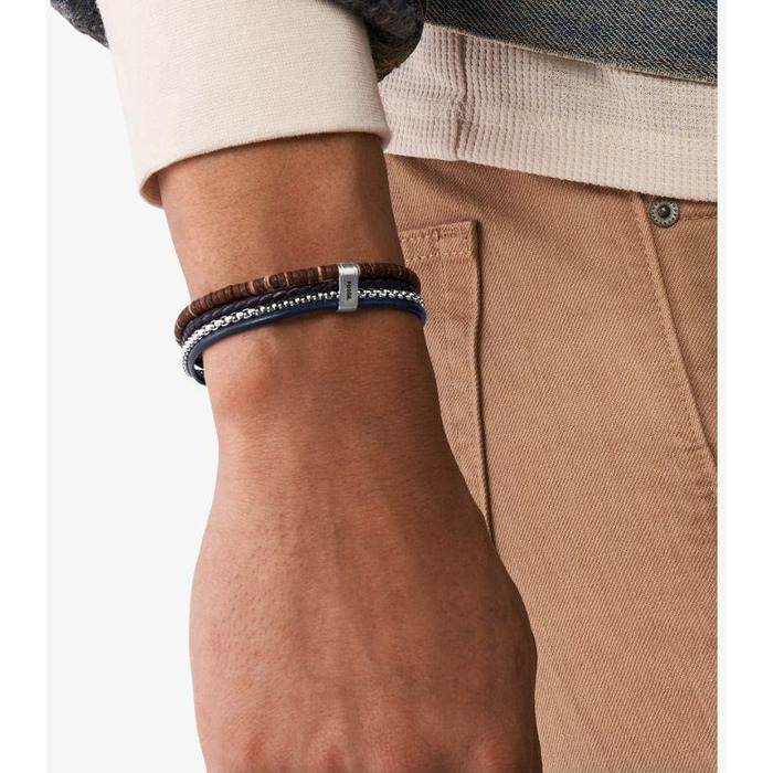 Чоловічий ремінець для годинника Fossil Vintage Casual зі шкіри та нержавіючої сталі, сріблястий з коричневим, з карабіном та застібкою