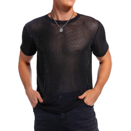 Чоловіча футболка Hawiland з блискітками, сітка, мереживо - для вечірок, клубів, рейв-вечірок. Чорний колір, розмір S