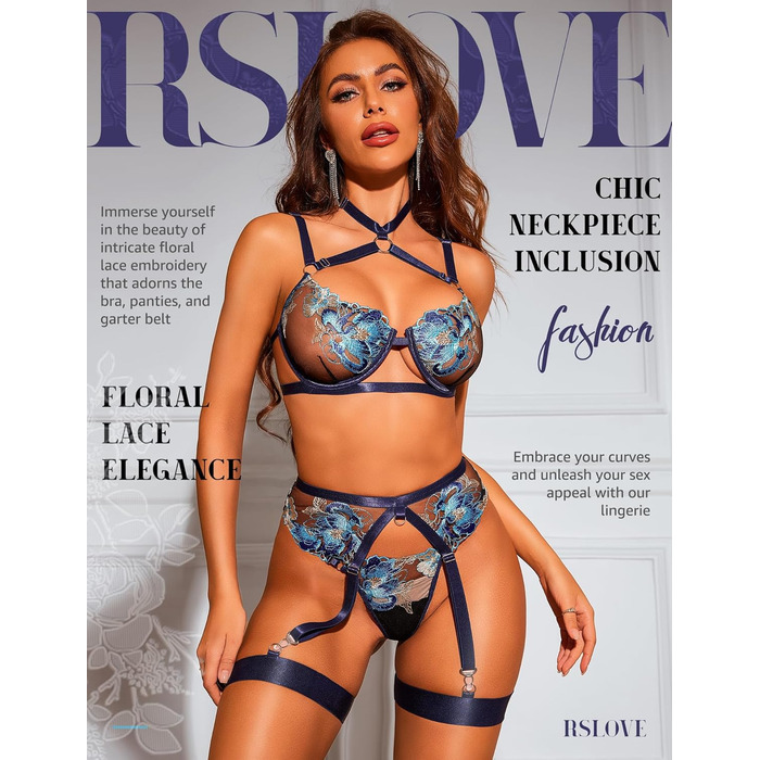 RSLOVE Комплекти нижньої білизни для жінок - Сексуальна спідня білизна з бретелями, мереживна піжама, комплект бюстгальтера та трусиків з стрічкою, XL, блакитний