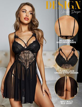 Жіноча мереживна піжама-сорочка RSLOVE, чорна, розмір M