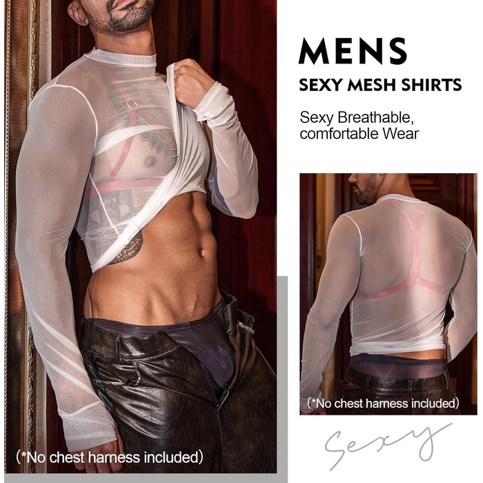 Чоловіча сітчаста футболка GENEMEN, прозора, сексуальна, з короткими рукавами, для вечірок, біла, XL