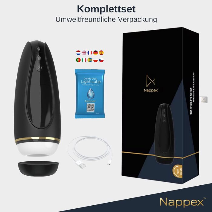 Електричний мастубатор для чоловіків Nappex Branco з потужним всмоктуванням та вібрацією, режим оргазму, чорний