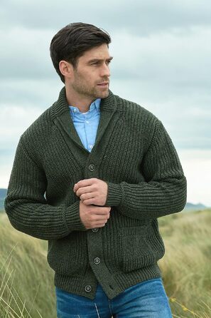 Чоловічий в'язаний кардиган Aran Crafts з 100% мериносової вовни, рифлений, колір армійський зелений, розмір S