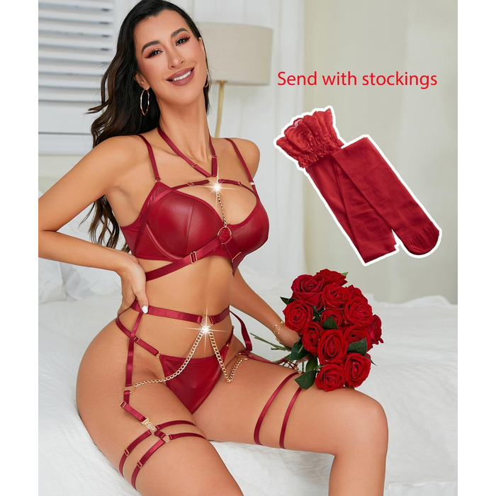 Сексуальний комплект нижньої білизни з бретельками для жінок, 7 частин: бюстгальтер з кісточками, трусики, панчохи, гетри, нагольник, ласий ланцюжок, червоний колір
