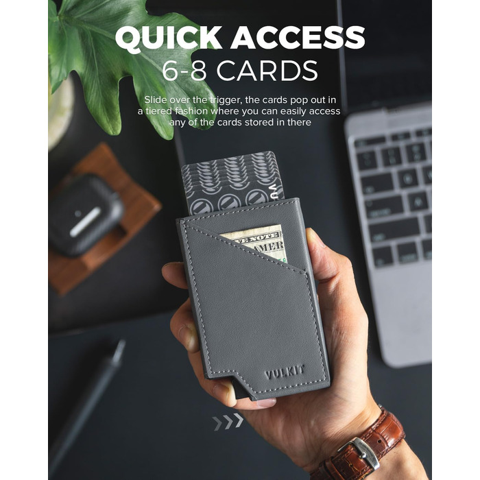 VULKIT Сліманий металевий картхолдер з RFID-захистом та Pop-up механізмом, гаманець з відділенням для купюр та монет, сірий