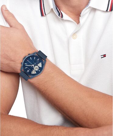 Чоловічий кварцовий годинник Tommy Hilfiger з багатофункціональним циферблатом, сталевим браслетом та шкіряним ремінцем (Blue, Mesh)