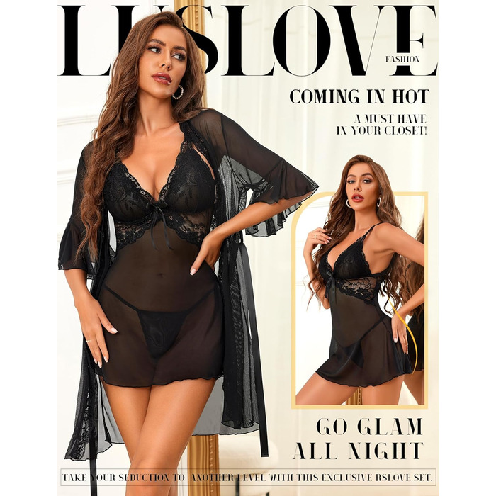 Чоловічий халат з мереживом RSLOVE, чорний, XXL - сексуальний бандаж, нічна сорочка, піжама