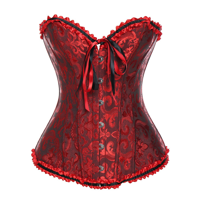 Корсет жіночий Miss Moly вінтажний, повний бюст, класичні кольори, мереживо, бант, з принтом G-string, темно-червоний