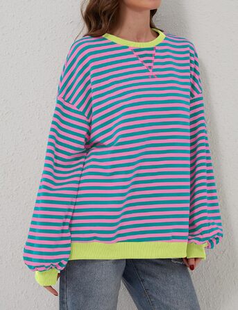 Жіночий світшот Chicrise Oversized у смужку, в'язаний лонгслів з круглим вирізом, рожево-зелений, розмір M