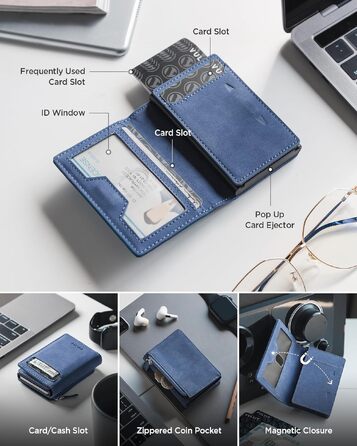 Чоловічий шкіряний гаманець-картхолдер VULKIT з RFID/NFC захистом, відділенням для монет та віконцем для посвідчення, синій