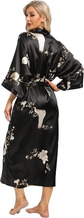 Жіночий халат з довгим рукавом з шовку, сатин, кімоно, квітковий принт, чорний, універсальний розмір