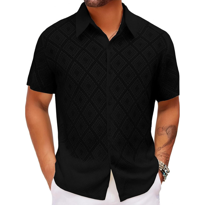 Чоловіча сорочка SOOUICKER з мереживом, короткий рукав, літня, вільний крій, для відпочинку, на вечірку, біла (чорна, 3XL)