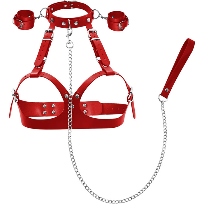 Набір BDSM 6-в-1: наручники, шлея для тіла, чіп, батіг, маска для очей, мотузки для фіксації. Для пар. Червоний колір.