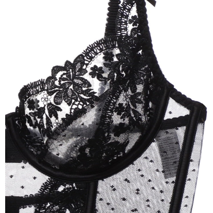 Сексуальний жіночий комплект спідньої білизни: мереживний мереживний топ-бюстгальтер та боді без кісточок, чорний, L