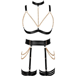 Комплект корсет, бра, стрінги з ремінцями, чорний. Бра-комбінезон, готичний стиль, для танців та Хелловіну