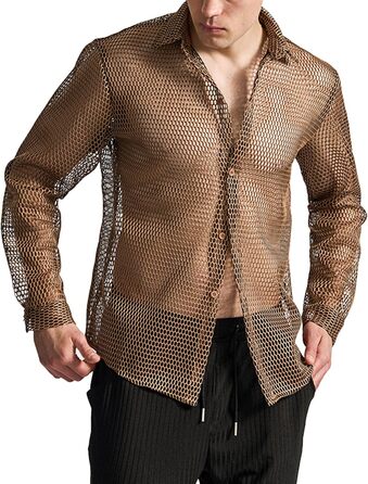 Чоловіча прозора сітчаста сорочка AIEOE: літня, мереживна, з довгим рукавом, для фестивалів, клубів, вечірок, костюм, коричневий