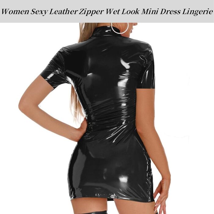 Міні-сукня з еластичної шкіри на блискавці, облягаюча, чорна (S, короткий рукав)