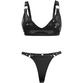 Жіночий комплект спідньої білизни з еластичної шкіри, шорти, блискучий PVC, шкіра, латексний бюстгальтер, регульований, чорний