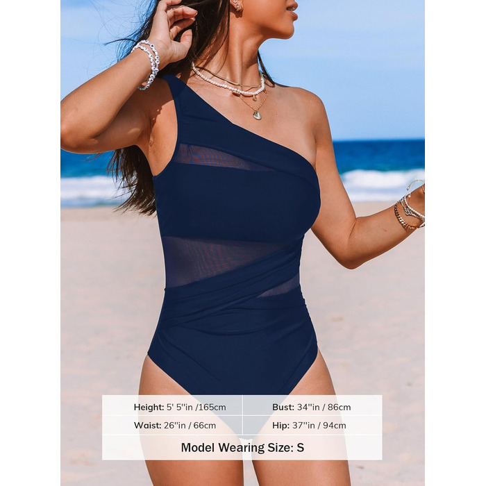 CUPSHE Купальник жіночий з одним плечем, сітка, драпірування живота, асиметричний, суцільний, темно-синій (L)