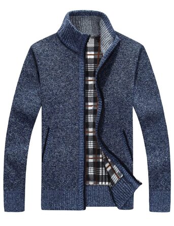 Чоловічий повсякденний кардиган на блискавці Slim Fit, теплий в'язаний светр-куртка з коміром-стійкою та кишенями, синій, розмір M