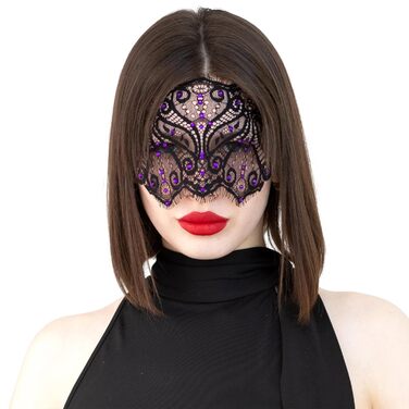 Чорна мереживна маска для жінок з кристалами – елегантна венеціанська маска для маскараду, готичної вечірки, косплею, карнавалу та особливих подій – ручної роботи (чорна з фіолетовими стразами)