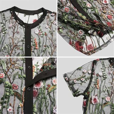 Чоловіча сітчаста сорочка з вишивкою, прозора, на кнопках, дихаюча, для вечірок та клубів, чорна XL