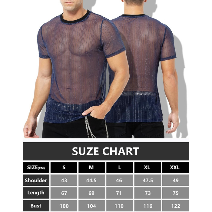 Прозора футболка Casey Kevin Herren з блискітками, короткий рукав, клубний стиль, синій (L)