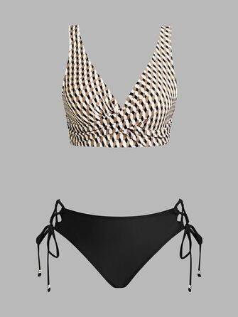 CUPSHE Bikini Set для жінок: плетена оптика, принт бумеранг, низька посадка, шнурівка, двочастинний купальник. Розмір M, чорний/бежевий, геометричний принт.