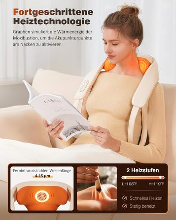 Бездротовий масажер для шиї та плечей KNQZE Shiatsu 4D з функцією підігріву, бежевий