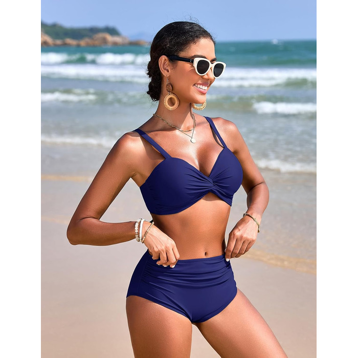 Бікіні жіночий комплект з високою талією, суцільний купальник push-up, двокомпонентний, з V-подібним вирізом, пляжна мода, бікіні для жінок (темно-синій, S)