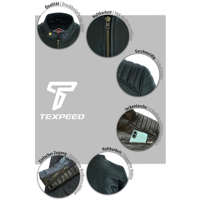 Чоловіча шкіряна куртка Texpeed у стилі байкер (Casual), м'яка шкіра ягняти, чорна, розмір L