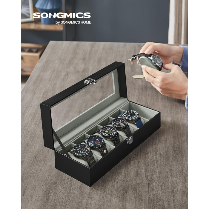 Бокс для годинників SONGMICS на 6 відділень з кришкою зі скла та PU-покриттям, чорний JWB06BK