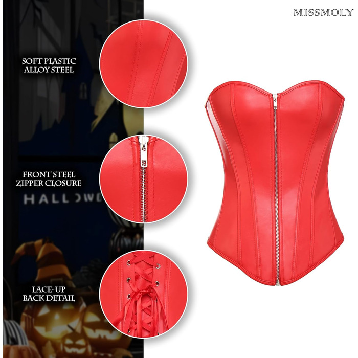 MISS MOLY Корсаж з повним бюстом, вінтажний, з штучної шкіри, стильний, корсет, на блискавку/застібку, з G-String (4XL, Червоний)