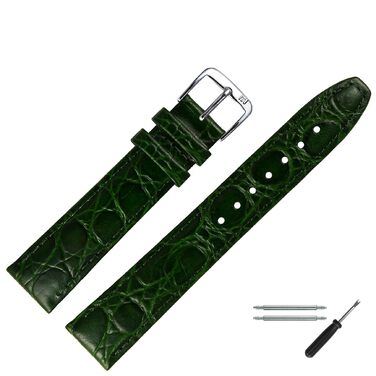 Шкіряний ремінець для годинника MARBURGER 18мм під крокодила (Caiman) з прошивкою, зелений/срібло, з набором інструментів для монтажу 52918