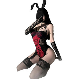 Жіноча еротична білизна MYLLJBD: сексуальний комплект з зайчиком, ролеві ігри, відкритий крок, червоний, 40-60 кг
