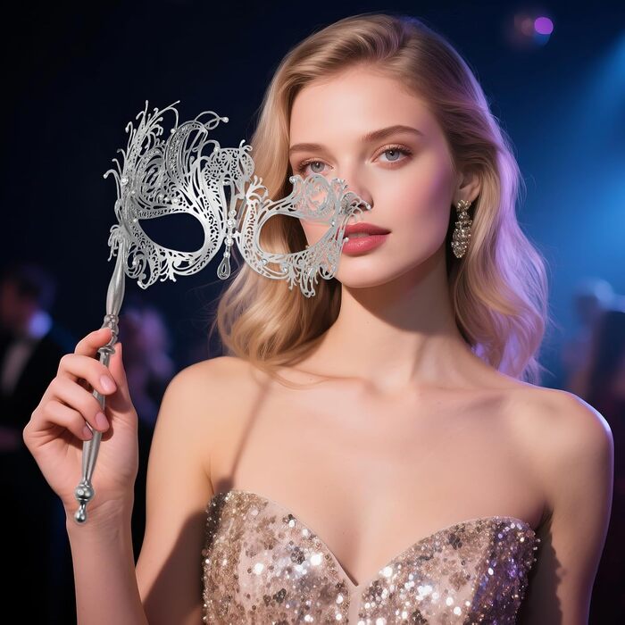 Венеціанська маска JewelryWe з держальником для жінок, металева маска з стразами для маскараду, аксесуари до костюма для Хелловіну, карнавалу, вечірки-маскараду (срібна)