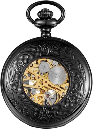 Чоловічий кишеньковий годинник ShoppeWatch з ланцюжком, механічний з ручним заводом, вінтажний стиль стімпанк (чорний)