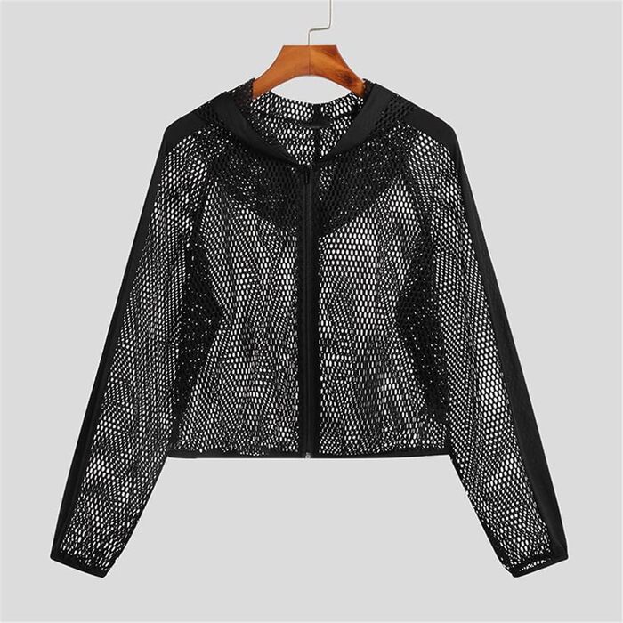 Чоловіча майка з сітки, кроп-топ з капюшоном, прозора, на блискавці, сексуальний, повсякденний стиль, футболка, одяг у стилі стрітвір, розмір 5XL, чорний колір