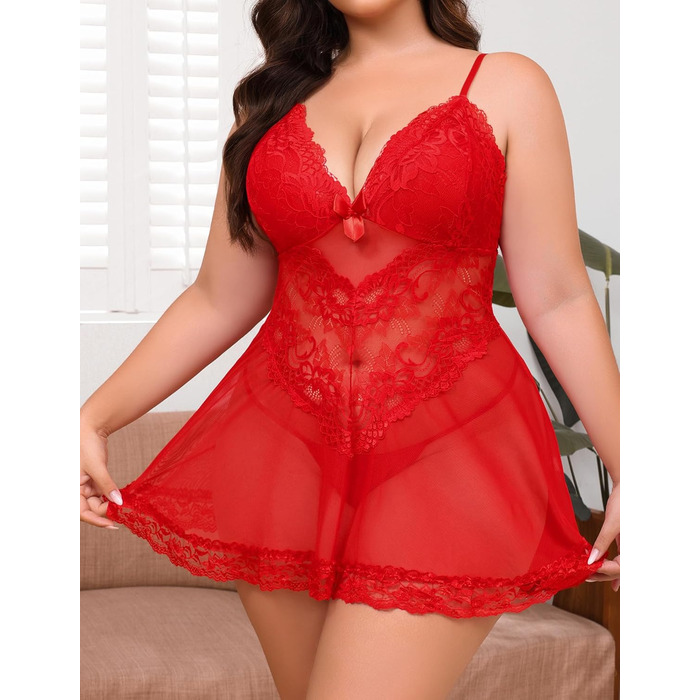 Babydoll з мереживом Alrovetoney для жінок великих розмірів: нічна сорочка, сукня-тедді, червоний колір, розмір XL