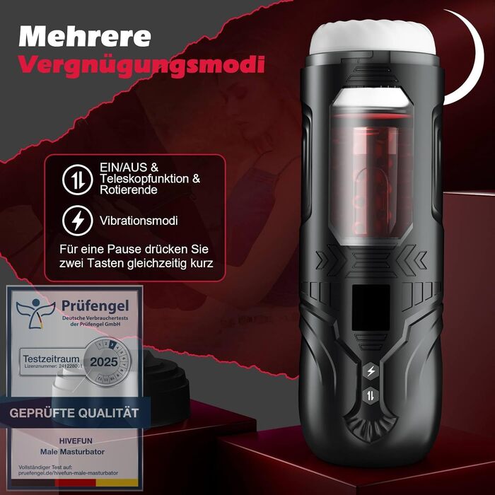 Електричний мастурбатор для чоловіків HIVEFUN з 7 режимами вібрації, ротації та імпульсу. Чорний, для особистого використання.