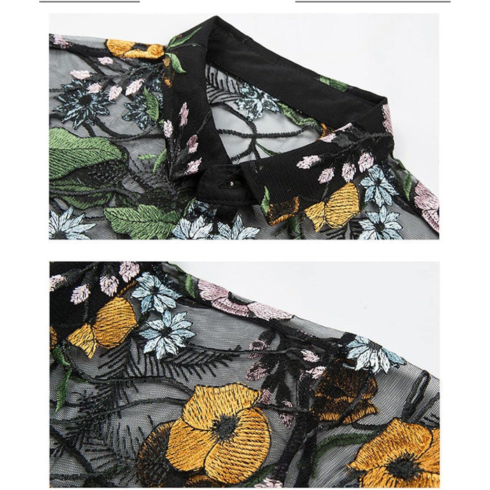 Чоловіча сорочка Deepsko з прозорим дизайном, мереживом та квітковою вишивкою, жовта, літня, з короткими рукавами