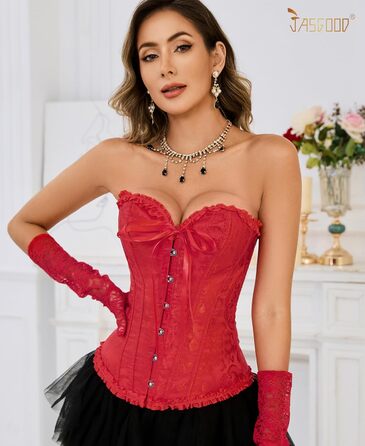 Корсетний топ-бюст'є JasGood Daen Vintage Gothic Overbust для повногрудих, шнурівка, червоний, XL — для Хелловіну та карнавалів