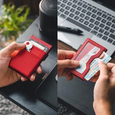 Стильний металевий гаманець для карток VULKIT з RFID-захистом, Pop-Up механізмом, EDC-відсіками та вікном для ID-картки, червоний
