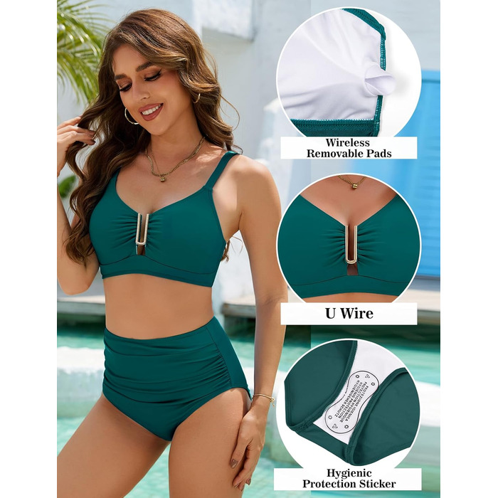 БІКІНІ Daen Set Push Up Висока Талія Бандо, Знімне Шовкове Роздільне Пляжне Одягнення для Жінок (Турквіс, XL)