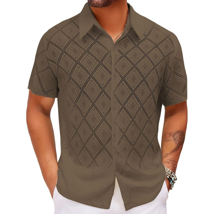 Чоловіча сорочка SOOUICKER з мереживом, короткі рукави, літня сорочка вільного крою, для відпочинку та свят, білий (кофе, XL)